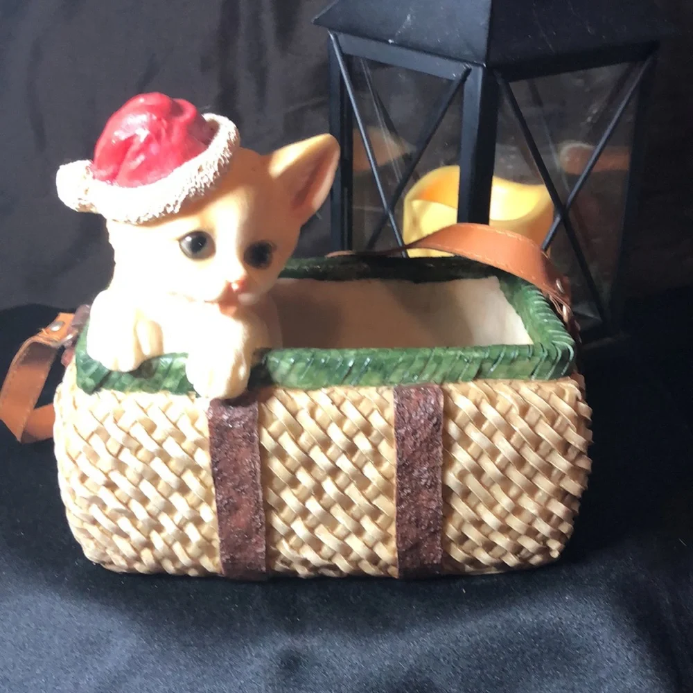 Charming Cat Figurine in Basket with Red Hat